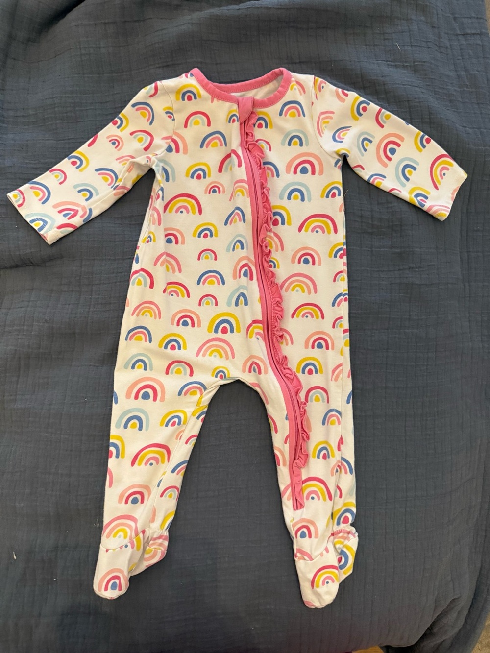 Mud Pie Cream Footed One-Piece with Multicolor Rainbow Print and Pink Trim